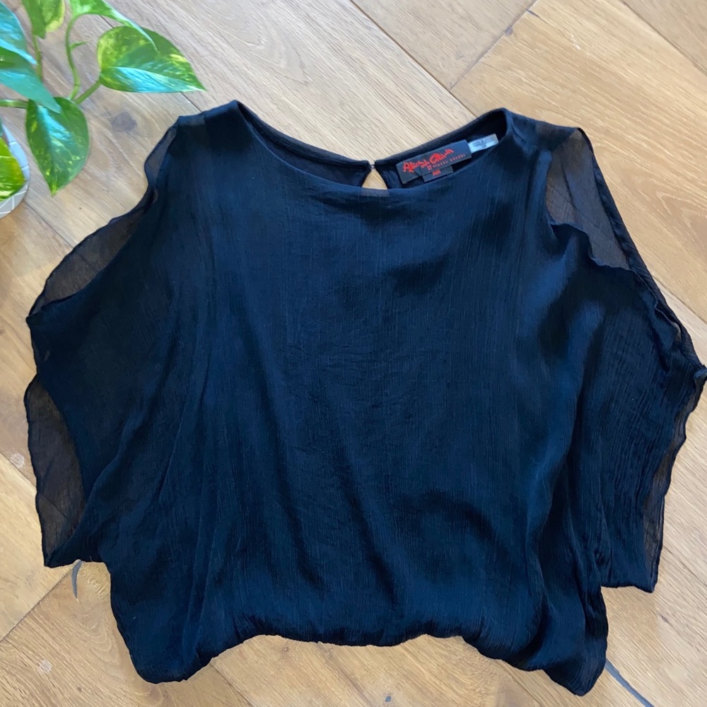 Alice + Olivia sheer overlay cold shoulder top